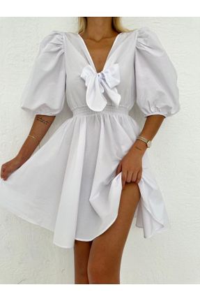 لباس سفید زنانه بافتنی بافت راحت آستین-کوتاه بیسیک کد 820455867