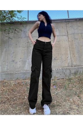 شلوار مشکی زنانه پاچه لوله ای پنبه (نخی) فاق بلند جین کارگو کد 363604208