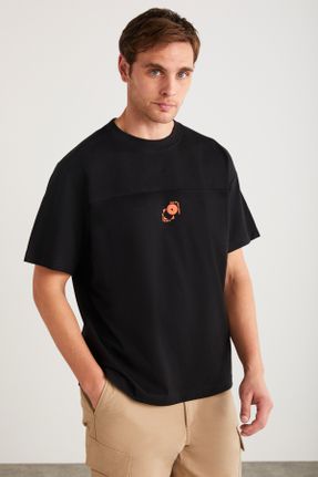 تی شرت مشکی مردانه یقه گرد اورسایز تکی جوان کد 810236159