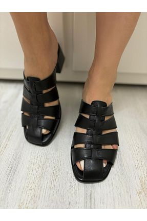 دمپائی مشکی زنانه چرم خالص Kesim Shoes - کد 832728703