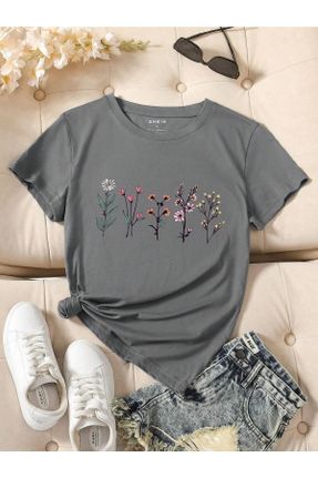 تی شرت طوسی زنانه اورسایز یقه گرد پنبه (نخی) تکی طراحی کد 830002980