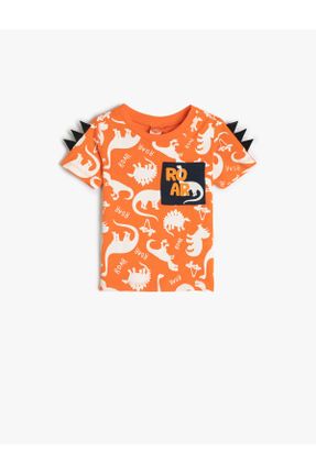 تی شرت نارنجی بچه گانه رگولار یقه گرد پنبه (نخی) تکی کد 799777750