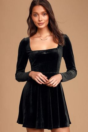 لباس مشکی زنانه بافتنی مخملی رگولار آستین-بلند کد 155994452