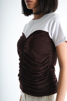 تیشرت سفید زنانه کراپ Moda Değirmeni - کد 833067147