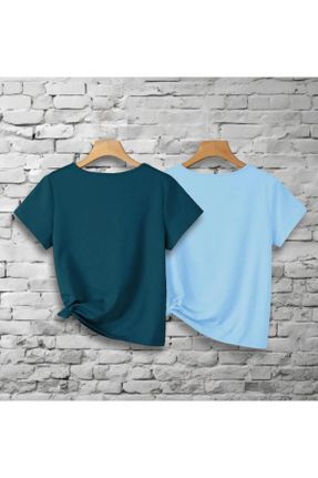 تی شرت آبی زنانه رگولار یقه هفت پنبه (نخی) 2
