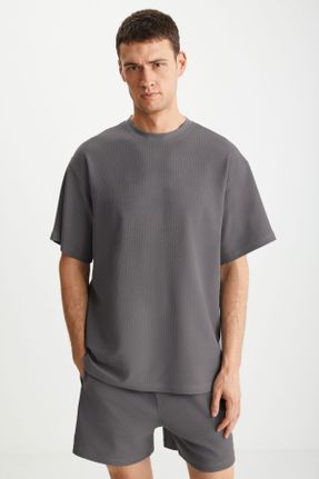 تی شرت طوسی مردانه یقه گرد رگولار تکی کد 812365225