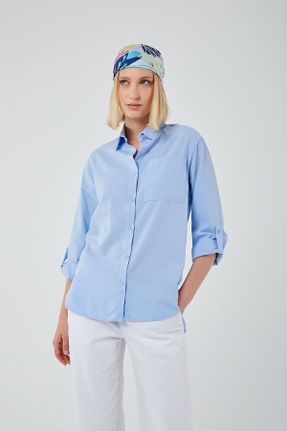 پیراهن آبی زنانه رگولار یقه پیراهنی پنبه - پلی استر کد 827562981