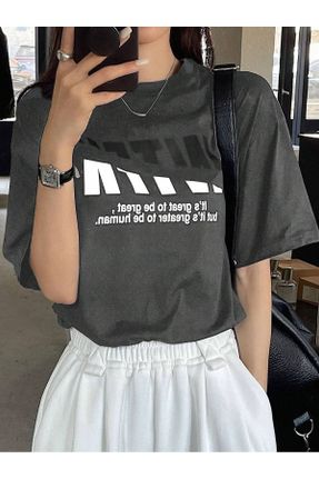 تی شرت طوسی زنانه اورسایز یقه گرد پنبه (نخی) تکی طراحی کد 809735617