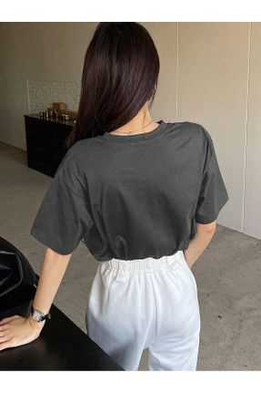 تی شرت طوسی زنانه اورسایز یقه گرد پنبه (نخی) تکی طراحی کد 809735617