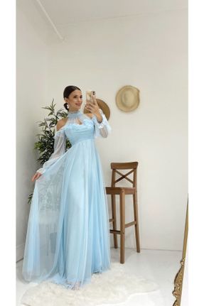 لباس مجلسی آبی زنانه تور رگولار هالترنک آستر دار کد 304438349