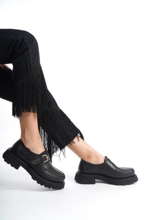 کفش لوفر مشکی زنانه چرم طبیعی پاشنه کوتاه ( 4 - 1 cm ) کد 833070982