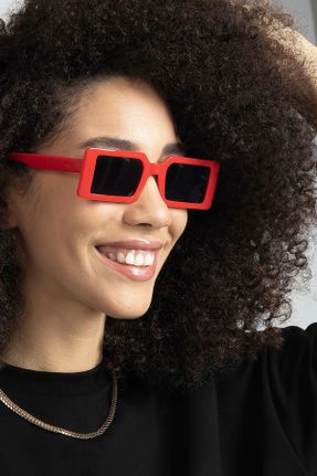 عینک آفتابی قرمز زنانه 52 UV400 پلاستیک مستطیل کد 166539585