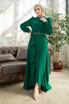 لباس مجلسی سبز زنانه یقه ایستاده آستین استاندارد رگولار کد 667358959