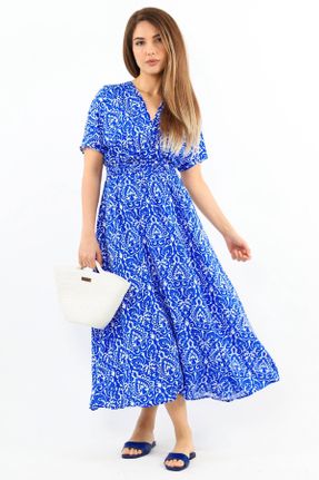 لباس آبی زنانه بافتنی ویسکون طرح گلدار راحت آستین-کوتاه کد 833095369