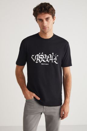 تی شرت مشکی مردانه یقه گرد رگولار تکی جوان کد 801844511