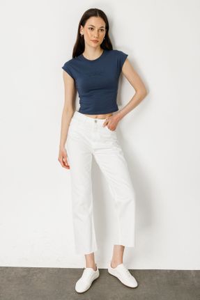 شلوار جین سفید زنانه فاق بلند جین استاندارد کد 811220058
