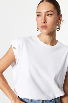 تی شرت سفید زنانه یقه گرد رگولار تکی بیسیک کد 833279105