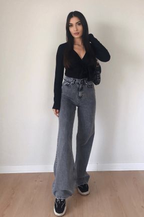 شلوار جین طوسی زنانه پاچه راحت فاق بلند جوان استاندارد کد 833387620