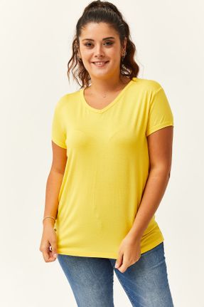 تی شرت زرد زنانه سایز بزرگ ویسکون تکی کد 280690147