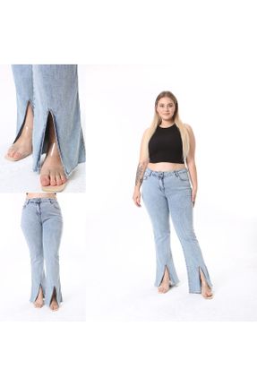 شلوار جین سایز بزرگ قهوه ای زنانه پاچه اسپانیولی فاق بلند بلند پنبه (نخی) کد 833099648