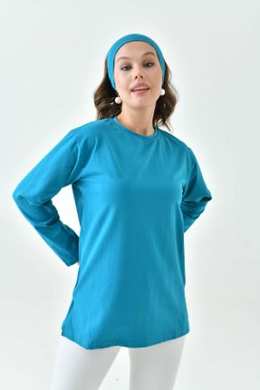 تی شرت آبی زنانه ریلکس یقه گرد پنبه (نخی) تکی بیسیک کد 833173807