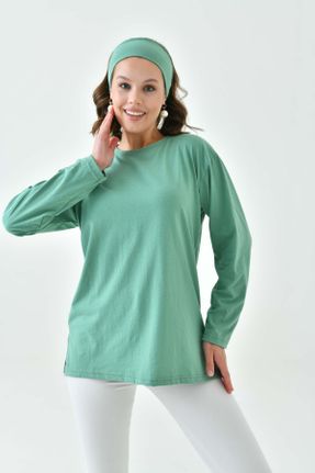 تی شرت سبز زنانه ریلکس یقه گرد پنبه (نخی) تکی بیسیک کد 833177711