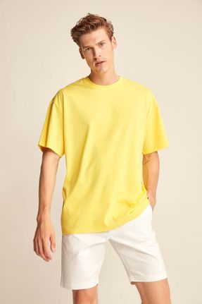 تی شرت زرد مردانه اورسایز یقه گرد تکی جوان کد 43696615