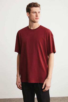 تی شرت زرشکی مردانه اورسایز یقه گرد تکی جوان کد 64606086