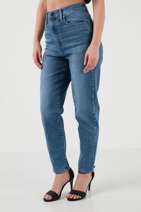شلوار جین آبی زنانه پاچه ساده فاق بلند پنبه - پلی استر - الاستن استاندارد کد 819411018