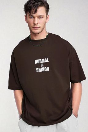 تی شرت قهوه ای مردانه اورسایز یقه گرد پنبه (نخی) تکی پوشاک ورزشی کد 833093580