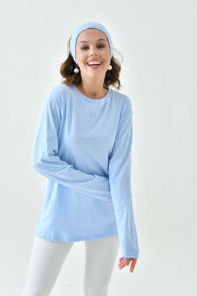تی شرت آبی زنانه ریلکس یقه گرد پنبه (نخی) تکی بیسیک کد 833152773