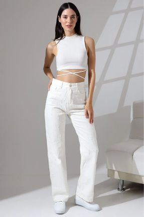 شلوار جین سفید زنانه فاق بلند کد 833268096