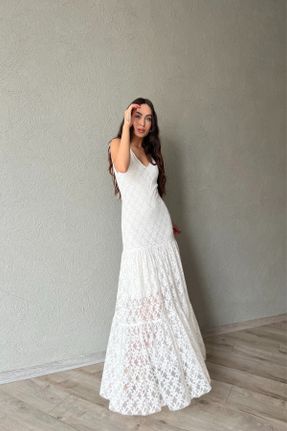 لباس سفید زنانه پنبه - پلی استر اسلیم بند دار کد 833285230