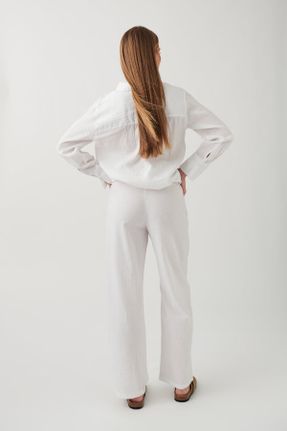 شلوار سفید زنانه مخلوط کتان بافتنی پاچه راحت فاق بلند راحت کد 833301135