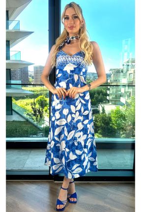 لباس آبی زنانه بافتنی پنبه - پلی استر طرح گلدار بند دار کد 830670066