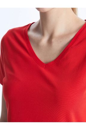 تی شرت قرمز زنانه ریلکس یقه هفت تکی بیسیک کد 833529810