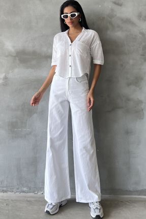 شلوار جین سفید زنانه فاق بلند پنبه (نخی) استاندارد کد 825409025