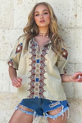 بلوز بژ زنانه ساده Trend Alaçatı Stili - کد 833513192