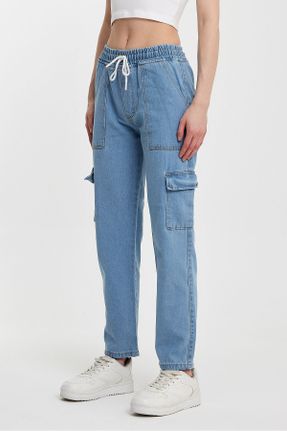 شلوار جین آبی زنانه پاچه کش دار فاق بلند کارگو جوان بلند کد 802860239