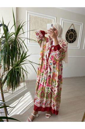 لباس زرشکی زنانه بافتنی ویسکون طرح گلدار اورسایز آستین-بلند کد 754376372
