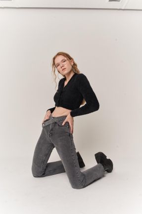 شلوار جین طوسی زنانه پاچه لوله ای فاق بلند کد 80213597
