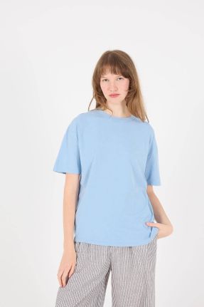 تی شرت آبی زنانه یقه گرد اورسایز کد 833615920