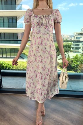 لباس بژ زنانه بافتنی پنبه - پلی استر طرح گلدار رگولار آستین-کوتاه کد 833670560