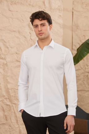 پیراهن سفید مردانه بافت یقه پیراهنی اسلیم کد 802574925