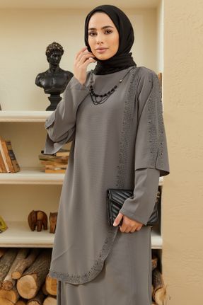 لباس مجلسی طوسی زنانه یقه گرد آستین استاندارد رگولار کد 380586480