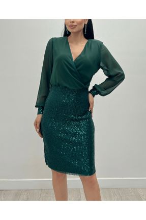 لباس سبز زنانه بافتنی پولکی آستین-بلند پارتی کد 833526778