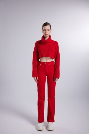شلوار جین قرمز زنانه پاچه گشاد فاق بلند ساده کد 271395318