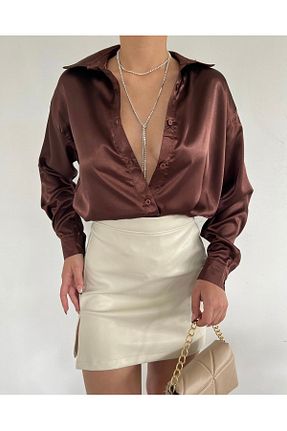 پیراهن قهوه ای زنانه یقه پیراهنی Hanife akkaya butik - کد 833544990