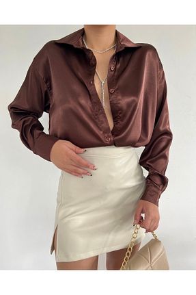 پیراهن قهوه ای زنانه یقه پیراهنی Hanife akkaya butik - کد 833544990