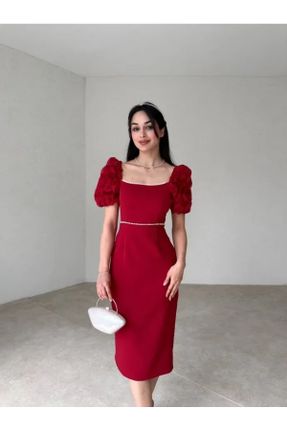 لباس قرمز زنانه بافتنی لیکرا قلمی آستین-کوتاه کد 833582170